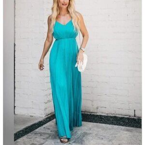 Express Jewel Tone Teal Pleated Side Cutout Maxi Dress Formal Blue Green Size S